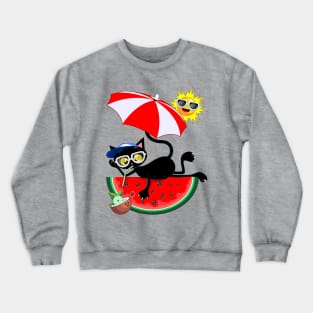 Cat Cartoon and Juicy Watermelon Summertime Chill Humorous Character Crewneck Sweatshirt